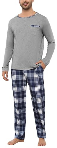 Litherday Pijama Hombre Algodón Invierno Manga Larga Conjunto de 2 Piezas con Pantalón Cuadros y Camiseta Cómoda Ropa Dormir Hombre,Gris,XL