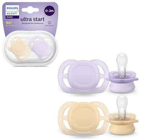 Philips Avent Ultra Start, chupetes anatómicos diseñados para recién nacidos de 0 a 2 meses, tetina simétrica de silicona, sin BPA, con funda de transporte/esterilización, paquete de 2, SCF075/01