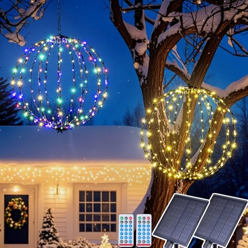 176 LED 13” Outdoor Christmas Light Balls, Solar Hanging Lighted Sphere Balls Lights, Prelit Fold Large Rechargeable Waterproof, Globe Light Ball for Outside Indoor Tree Eave Garden Decorations -2pack