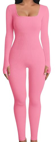 OYIGELZ Yoga Jumpsuit Damen Einteiligem Gerippte Strick Langarm Sport Workout jumpsuits Hosenanzug Trainingsanzug Eckigem Ausschnitt Figurbetontem Kuscheliger Overall(Rosa-J,L)