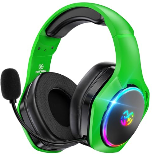 Tatybo Casque Gaming sans Fil, Casque avec Micro Bruit Environnemental, 7.1 Son Surround, Batterie de 35H, Transducteurs 50mm, Oreillettes Respirantes, Casque Gamer pour Ps5 PC Ps4 Switch, Noir-Vert