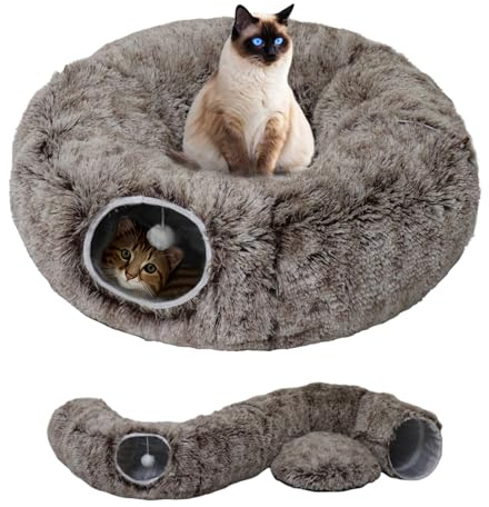 Letto a tunnel per gatti da interni, con cuscino lavabile, tunnel a ciambella con palla soffice, grande tubo rotondo, giocattolo per parco giochi per animali domestici, morbido peekaboo, per gattini,