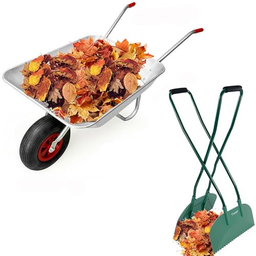 Crystals 65L/100KG Wheelbarrow – Galvanised Steel Garden Cart with Pneumatic Tyre for Home & Garden Heavy Duty Leaf Picker Grabber –Gathering Leaves & Grass Cuttings (Wheelbarrow with Leaf Grabber)