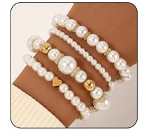 FloralGrace Set di 4 braccialetti con perle simulate da donna, con perle bianche, impilabili, elastici, multistrato, per damigelle d'onore