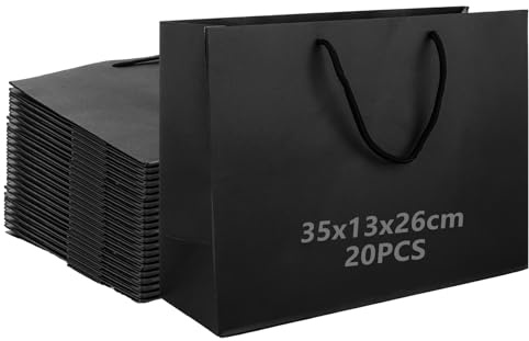 Oungy 20 Pack Black Paper Bags with Handles, 35x13x26cm Large Gift Bags, Thickness 250gsm Paper Gift Bag Carrier Bag for Shopping Party Retail