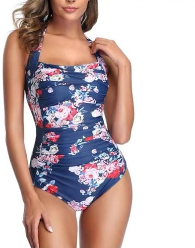 TYXHXTF Costumi da Bagno Interi Donna, Elegante Push Up Costume con Halter Imbottito, Addominale Controllo della Pancia Swimsuit, Stampe Beachwear