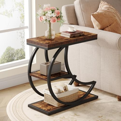Tribesigns 3-Tier Beistelltisch, Industrielle Beistelltische mit 3 Ablageflächen, Couchtisch Sofatisch mit halbmondförmigem Metallrahmen für Wohnzimmer, Schlafzimmer, rustikales Braun