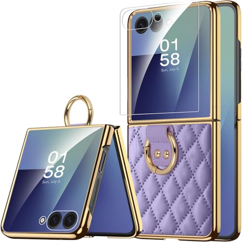 Miimall for Samsung Galaxy Z Flip 7 Case with Ring, [Built-in Screen Protector] [Ring Holder], Leather Rugged Shockproof Non-Slip Anti-Scratch Women Girls Full Coverage Cover for Z Flip 7-Purple