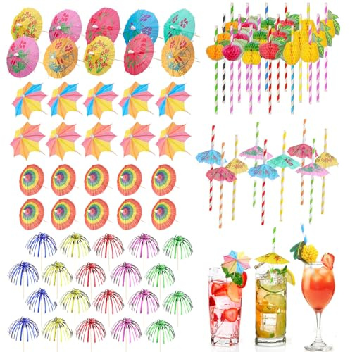 FICOFISE 90 Pièces Cocktail Décoration: Parasol Cocktail, Paille Cocktail Feu d'artifice Cocktail Bâtons, Desserts Accessoires Decoratifs, pour Fête Anniversaire Cadeau Carnaval Boissons Dessert Bar