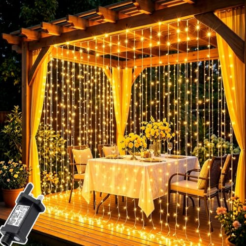 Dekofun 2 Pack Curtain Lights, 3m x 3m 300 LED Curtain Fairy Lights Plug in | 8 Modes/Timer/Connectable Hanging Fairy Light, Waterproof String Light for Wall Gazebo Window Pergola Wedding (Warm White)