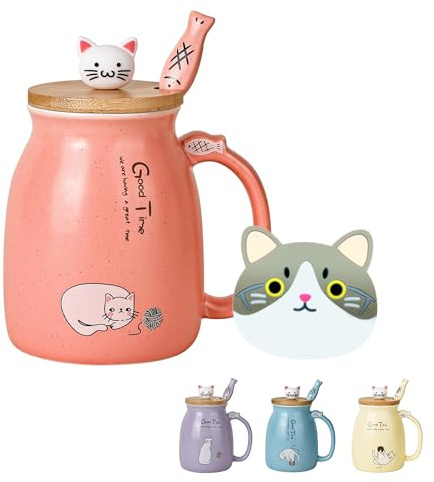 Süße Katzentasse, Kawaii-Keramik-Kaffeetasse mit Kätzchen-Holzdeckel und schönem Edelstahl-Löffel,japanische Tier-Tassen, Weihnachts-, Geburtstagsgeschenke für Frauen, Katzenliebhaber (Rosa)