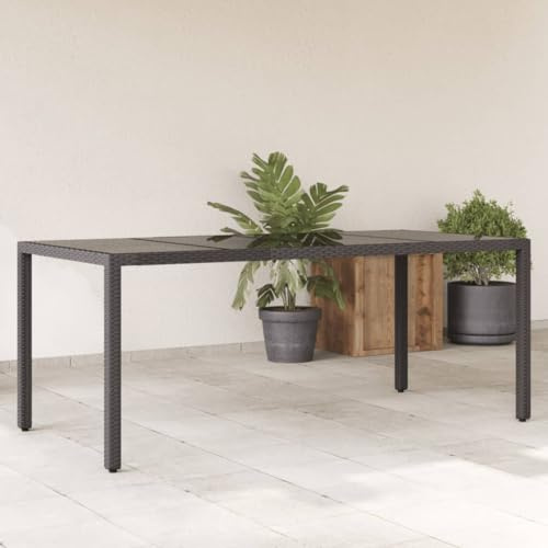 HaoChrymec Gartentisch mit Glasplatte Schwarz, PE-Rattan, Pulverbeschichteter Stahlrahmen, Loungetisch Outdoor, Beistelltisch Garten, Wetterfest, 190 x 90 x 75 cm