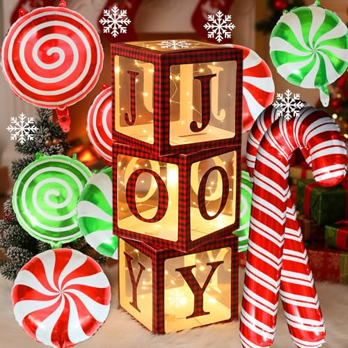 Cajas de regalo iluminadas con patrón de alegría navideña, 16 piezas de decoración de fiesta de Navidad, caja transparente grande a cuadros rojos y negros con cuerda de luz cálida, decoraciones de