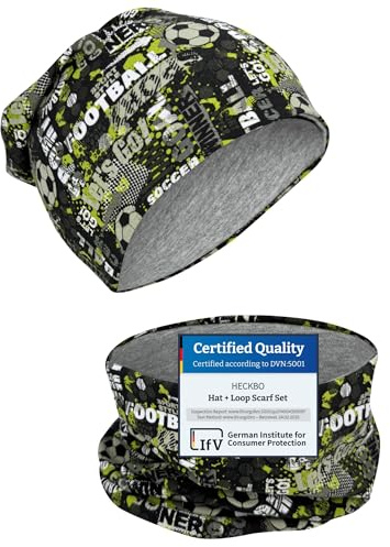 HECKBO Barn Beanie & loop-scarf set Fotboll – Jerseyfoder invändigt – Pojkar & flickor – 95% bomull – 55–60 cm – Lätt vår- & höstmössa