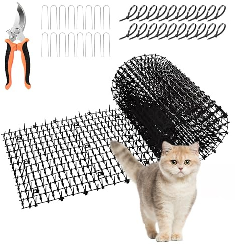 Cat Scat Mat with Spikes, 30cm x 200cm Black Plastic Anti-Cat Deterrent Net with 16 Pegs & 20 Ties, for Prickle Strip for Garden Fence Tops, Flower Beds, Balcony Protection​