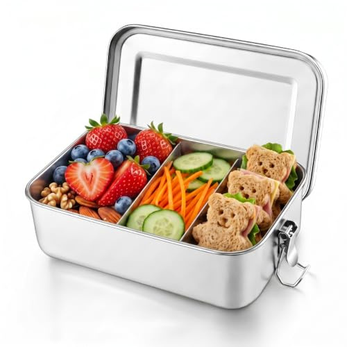 Onader Stainless Steel Lunch Box 1400ml, with 2pcs Removable Compartments | Food Storage Containers Bento Box, Leak-Proof Metal Lunchbox with Airtight lid for Kids & Adults, Non-Toxic & Dishwasher Safe