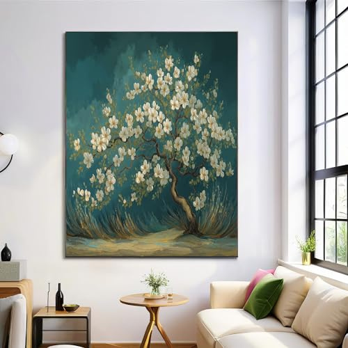 GDJSMIN Quadri Dipinto Retrò 3D Con Coltello Camera Da Letto 50×70 Cm Senza Cornice Decorazioni Parete Soggiorno Stampa Su Tela Moderna Casa Salotto Poster,Albero Astratto Con Fiori Bianchi