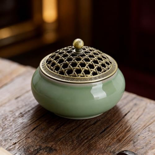 Keramisk rökelsebrännare vintage rökelsebrännare med tak brandsäker matta | Trebent keramisk rökelseskål för meditation, yoga aromaterap, brandsäkert rökelsekärl dekoration present vardagsrum, grön