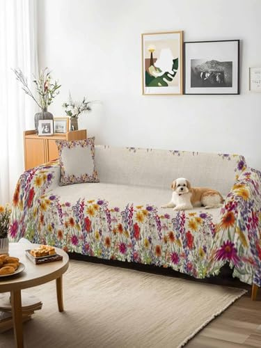 Spring Lavender Sofa Cover Blanket Couch Covers for Armchair Cushion,Couch Sofa Silpcover with Tassel,Watercolor Floral Daisy Botanical Retro Beige Living Room Throw Towel Blanket Covers XX-L 71x150