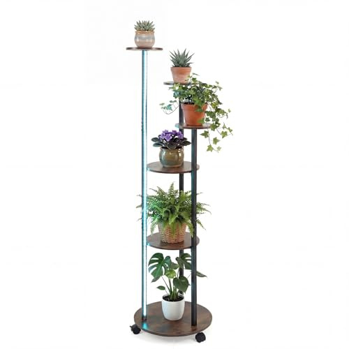 COSTWAY Scaffale Porta Piante da Interno, Porta Vasi a 6 Livelli con Ruote, Luci LED a 16 Colori, Telecomando, 4 Modalità, Velocità e Luminosità Regolabili, Scaffale per Libri e Decorazioni (Marrone)