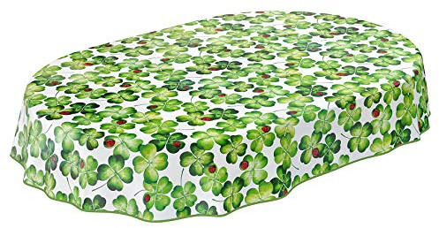 ANRO Tischdecke Wachstuch abwaschbar Wachstuchtischdecke Wachstischdecke Glücksbringer Marienkäfer Kleeblätter Oval 180x140cm mit Saum - Eingefasst