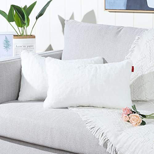 Mandioo Pure Snow White Faux Fur Cushion Covers 12x20 Inches Lumbar Cushion Cases Fuzzy Cozy Soft Decorative Throw Pillowcases for Sofa Bedroom Car 30cmx50cm,Pack of 2