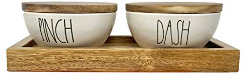 Rae Dunn By Magenta Set de 3 piezas de cerámica para salero y pimentero con bandeja de madera 2019 edición limitada