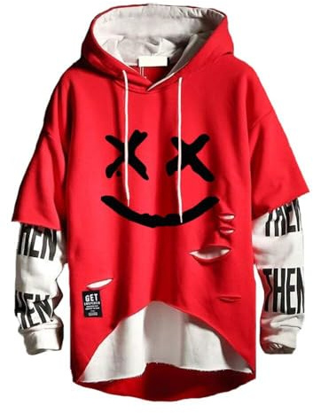 Hello MrLin Men's Techwear Hip Hop Hoodie Japanese Streetwear Patchwork Urban Jumper Red