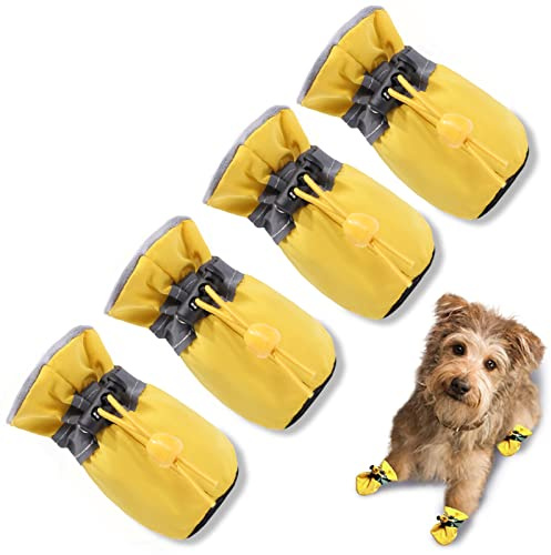 TEOZZO Hundeschuhe für heißen Bürgersteig, rutschfeste Sohle, Hundestiefel und Pfotenschutz, Hundeschuhe mit reflektierenden Riemen, Hundeschuhe für kleine, mittelgroße Hunde, 4 Stück, Gelb 3