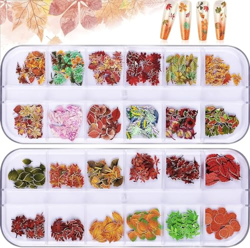 EBANKU Ahornblatt Glitter Decals, 24 Grids Art Stickers 3D Nail Art Supplies Herbst Wood Pulp Chips Confetti für Frauen Nail Art Decor und DIY Craft