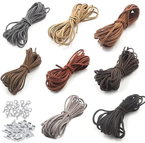 VEGCOO 8 Rolls Leather Cord, Leather Necklace Cord Leather Rope 100 Cord Ends & 20 Lobster Clasps, Leather String Necklace Bracelet Jewellery Making DIY Crafts, 5 m * 3 mm, 8 Colours (SG-ZQ019-02)