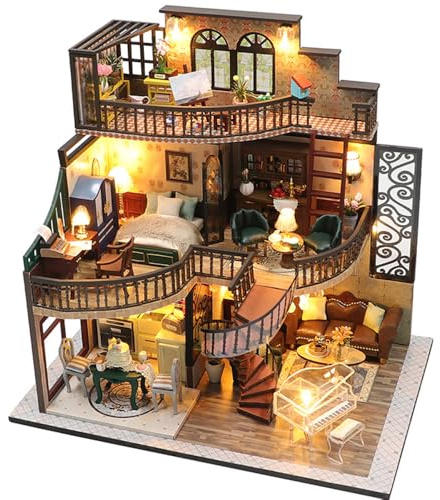 Miniatur Villa Building Set - Holz DIY Modell Hobby Kit - Villa mit LED Licht - DIY Deko Villa Haus - Geschenk für Erwachsene