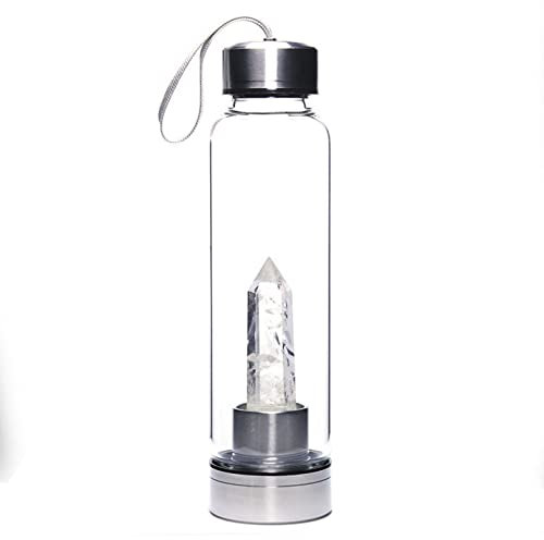 BiiKoon Healing Crystal Water Bottle 550Ml Natural Quartz Column Sports Cup Gemstones Gravel Glass Water Bottle with Energy Crystal Gravel & Protective Sleeve (Color : White Crystal, Size : 550ml)