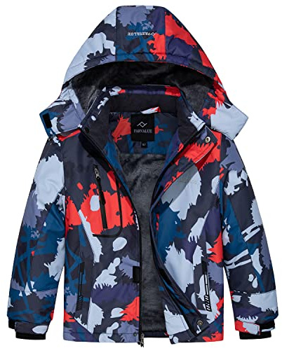 FARVALUE Boys Waterproof Ski Jacket Windproof Winter Coat Warm Snow Coat Outdoor Raincoats with Removable Hood Orange Camouflage 6-7