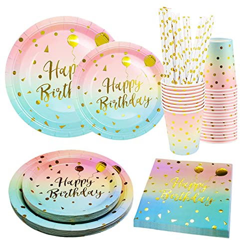 Bymivofun 125-teiliges Regenbogen Geburtstags Geschirr Set, für 25 Gäste, Papier Kinder Happy Birthday Party Geschirr, für Mädchen, Jungen, Regenbogen Thema, Geburtstagsparty, Dusche, Dekoration