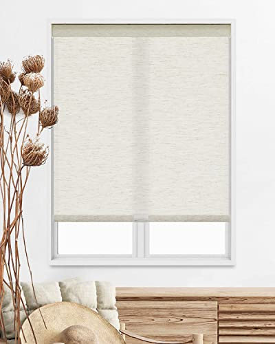 Persilux Custom Size Free-Stop Cordless Roller Shades Light Filtering Natural Woven Linen Fabric UV Protection Privacy Roller Blinds for Windows Shades for Home, Kitchen, Living Room, Linen Beige