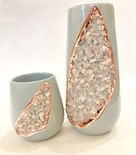 Grey and Gold Ceramic Vase/Planter/Pot/Wine Goblet/Mug with Rose Quartz Semi - Precious Agate Crystal Gemstones |Small(Height 4 inch), (Rose Gold - Finish)