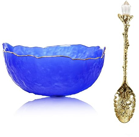 Soulnioi Salatschüssel, Vintage-Kristall, 16 cm, Marineblau, Glas, 300 ml, Mehrzweck-Schüssel mit Retro-Kaffeelöffel