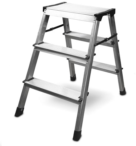 siwitec Trittleiter 2 x 3 Stufen, Alu Klapptritt, leichte Aluminium Leiter beidseitig begehbar, Haushaltsleiter bis 150 kg belastbar, Stufenleiter TÜV Zertifiziert, Aluleiter 3 Stufen