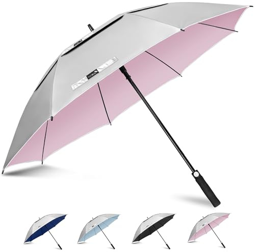 ZOMAKE UV Golf Umbrella for Sun Protection,Large Sun Umbrella Windproof and Rainproof Strong UPF 50+,Reflective Golfing Brolly 62In Unbreakable for Men Women (Silver/Pink)