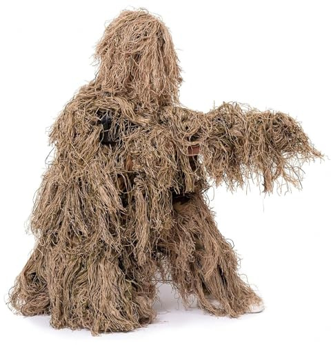 HAZARA 5 in 1 Ghillie Suit for Men Ropa De Caza De Camuflaje 3D Disfraz De Arbusto Incluyendo Chaqueta,Pantalones,Capucha,Bolsa De Transporte para Fotografía De Caza Al Aire Libre,DryGrass-Adults