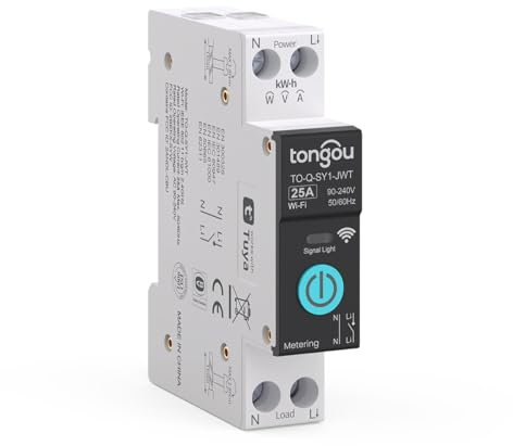 TONGOU Fai da te 1P+N - Interruttore intelligente WiFi con guida DIN WiFi, 25 A, app iOS Android, telecomando con app TUYA/Smart Life, per Smart Home, con metro, controllo vocale e cronometraggio
