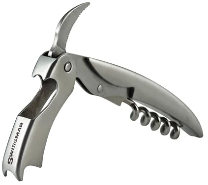 Swissmar 1-Step Corkscrew – Stainless Steel Waiter’s Corkscrew with Serrated Foil Cutter – Easy Cork Removal Tool for Wine Bottles – Dual Bottle Openers – Works on Natural & Synthetic Corks