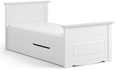 Lomadox Schlafzimmer Einzelbett Bettgestell 90x200cm mit Bettschublade, Massivholz in weiß