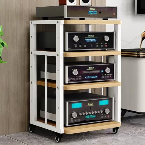 ZIUSFAC Audio-/Video-Regal Medienständer Mit Bremsrad Audio-Turm Audio-Rack Verstellbare Ständer CD-Player Stand Eck-Audioständer Für Stereoanlage(White+Walnut,4 Tier)