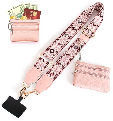 CocCCoon Phone Strap with Zippered Pouch,Cross Body Phone String Adjustable Phone Lanyard Charm for Women,Phone Lanyard Crossbody,Clip and Go Strap for Phone with Wallet Crossbody（pink）
