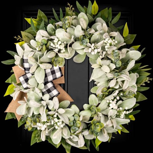 Lambs Ear Eucalyptus Front Door Wreath Year Round, 20 Handmade Green Farmhouse Spring Summer Wreath for Porch Wall Outdoor Indoor Home Decorations