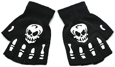 YIBOZI Unisex Erwachsene Halloween Skelett Schädel Halbfinger Handschuhe Glow in the Dark Fingerless Stretch Strick Winter Handschuhe