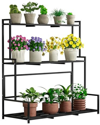 CUSROS Metall-Pflanzenständer, Leiter, Pflanzenständer, Leiterregal, Blumentopf-Aufbewahrung, Pflanzgefäßhalter, Leiter, Pflanzenständer, Treppenständer für Garten, dreilagig