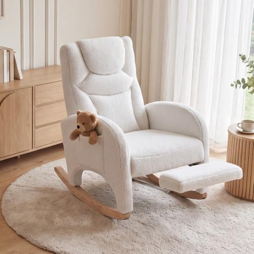 DEKKETO Teddy Stillsessel Schaukelstuhl mit Kopfstütze und Fußstütze, Weiß | Leises Schaukeln, höhenverstellbare Kopfstütze, Große Sitzfläche, Lesesessel für Wohnzimmer und Schlafzimmer